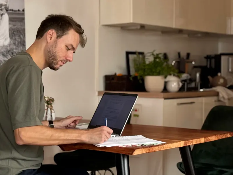 Marvin arbeitet sitzend am Tisch einen Ernährungsplan aus